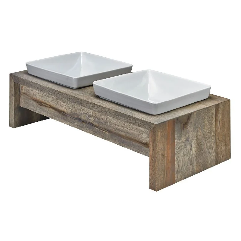 Artisan Double Wood Dog Bowl Feeder Fossil