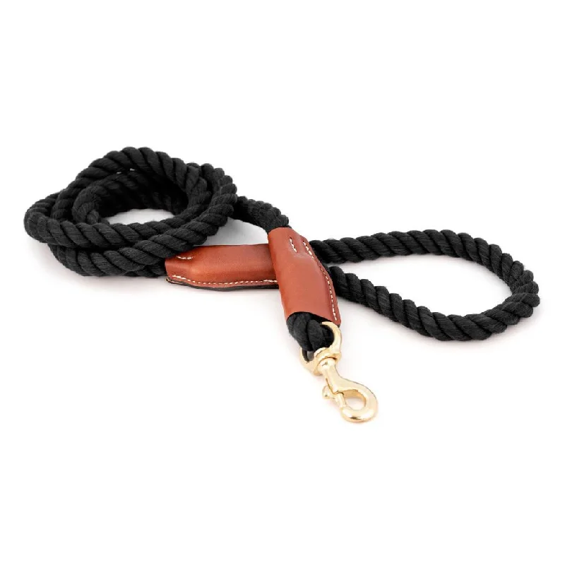 Cotton Rope 3/8" Dog Leash Black With Leather Accents